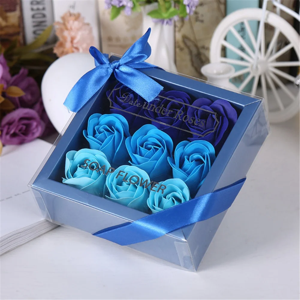9pcs/set Artificial Imitation Rose Flower Gift Box Gradual Eternal Soap Flower Rose For Valentine's Day Wedding Party Decoration