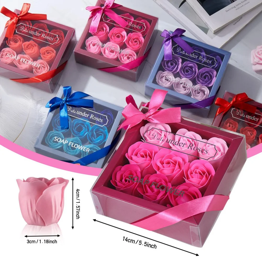 9pcs/set Artificial Imitation Rose Flower Gift Box Gradual Eternal Soap Flower Rose For Valentine's Day Wedding Party Decoration