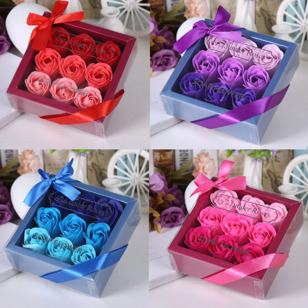 9pcs/set Artificial Imitation Rose Flower Gift Box Gradual Eternal Soap Flower Rose For Valentine's Day Wedding Party Decoration