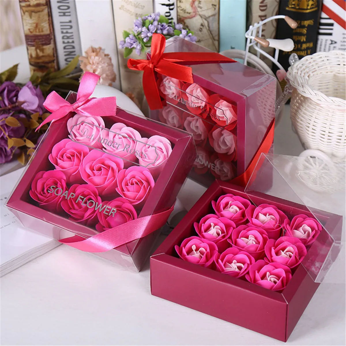 9pcs/set Artificial Imitation Rose Flower Gift Box Gradual Eternal Soap Flower Rose For Valentine's Day Wedding Party Decoration