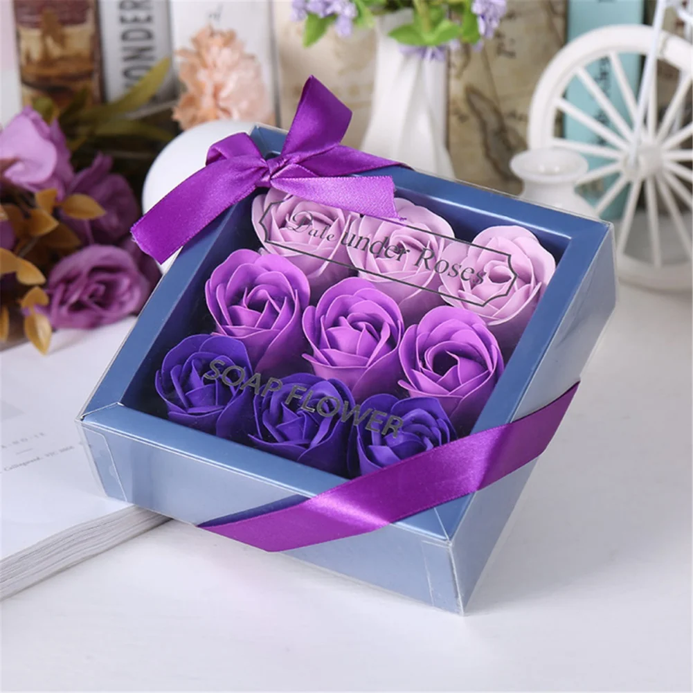 9pcs/set Artificial Imitation Rose Flower Gift Box Gradual Eternal Soap Flower Rose For Valentine's Day Wedding Party Decoration