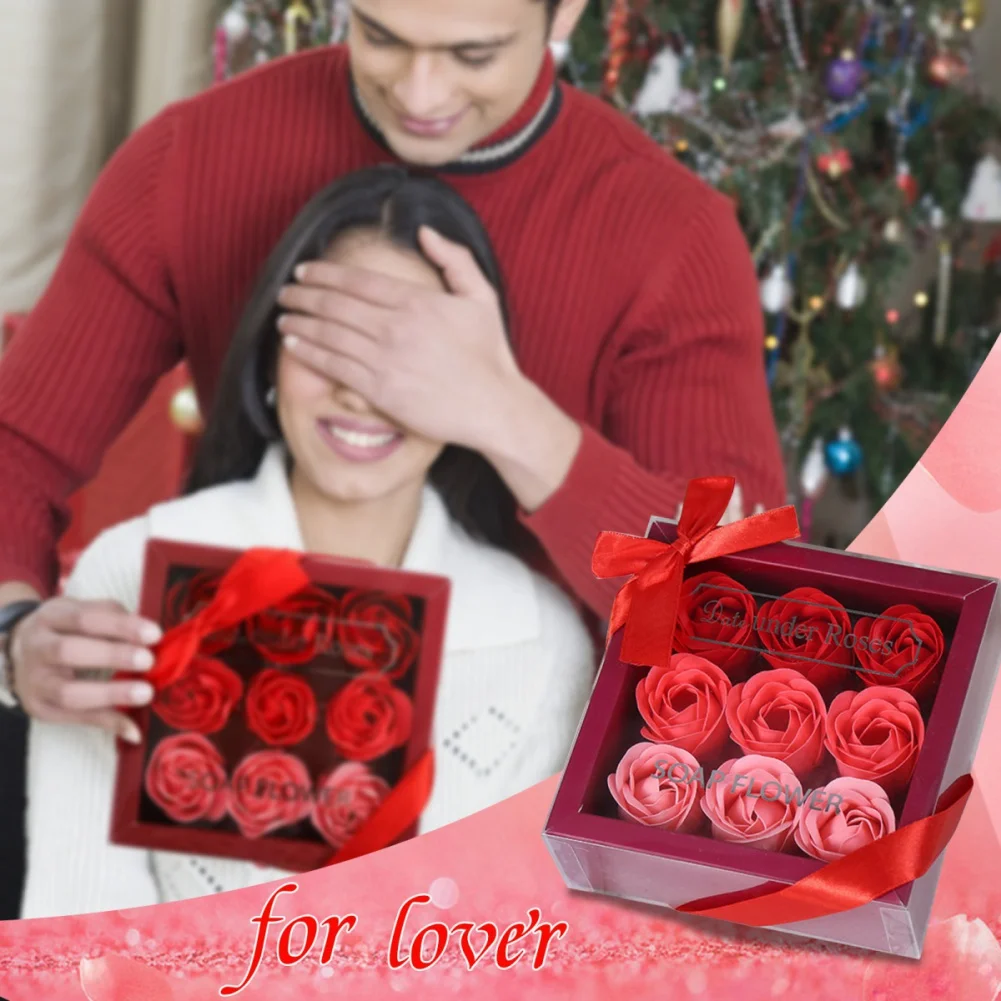 9pcs/set Artificial Imitation Rose Flower Gift Box Gradual Eternal Soap Flower Rose For Valentine's Day Wedding Party Decoration