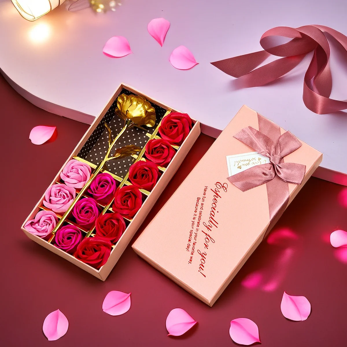 1Pc Rose Soap Flower Gift Box,12 Soap Flowers+1 Gold Foil Flower+Gift Box,Valentine's Day Mother's Day Senior Creative Gift